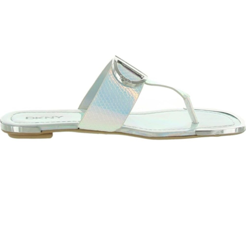 DKNY Halcott Flat Thong Sandals Snake Print Python US 6 Silver Iridescent Slides